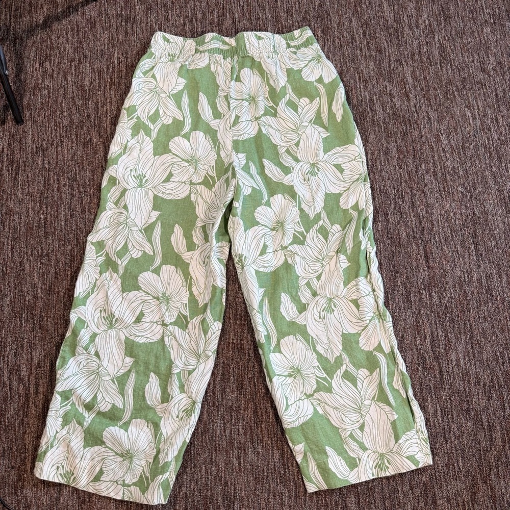 Tahari Green Leaf Print Linen Wide Leg Crop Pull On Pants Size Large - Picture 3 of 6